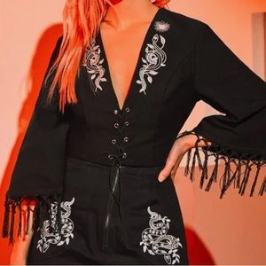 Eterna Floral Embroidery Fringe Trim Lace Up Front Crop Top